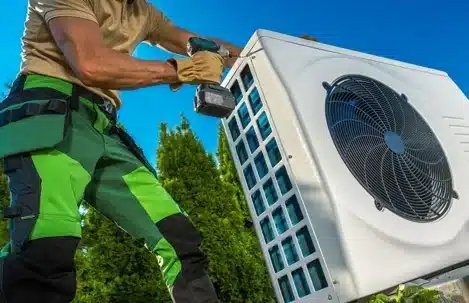 HVAC technician installing a heat pump unit outside a home